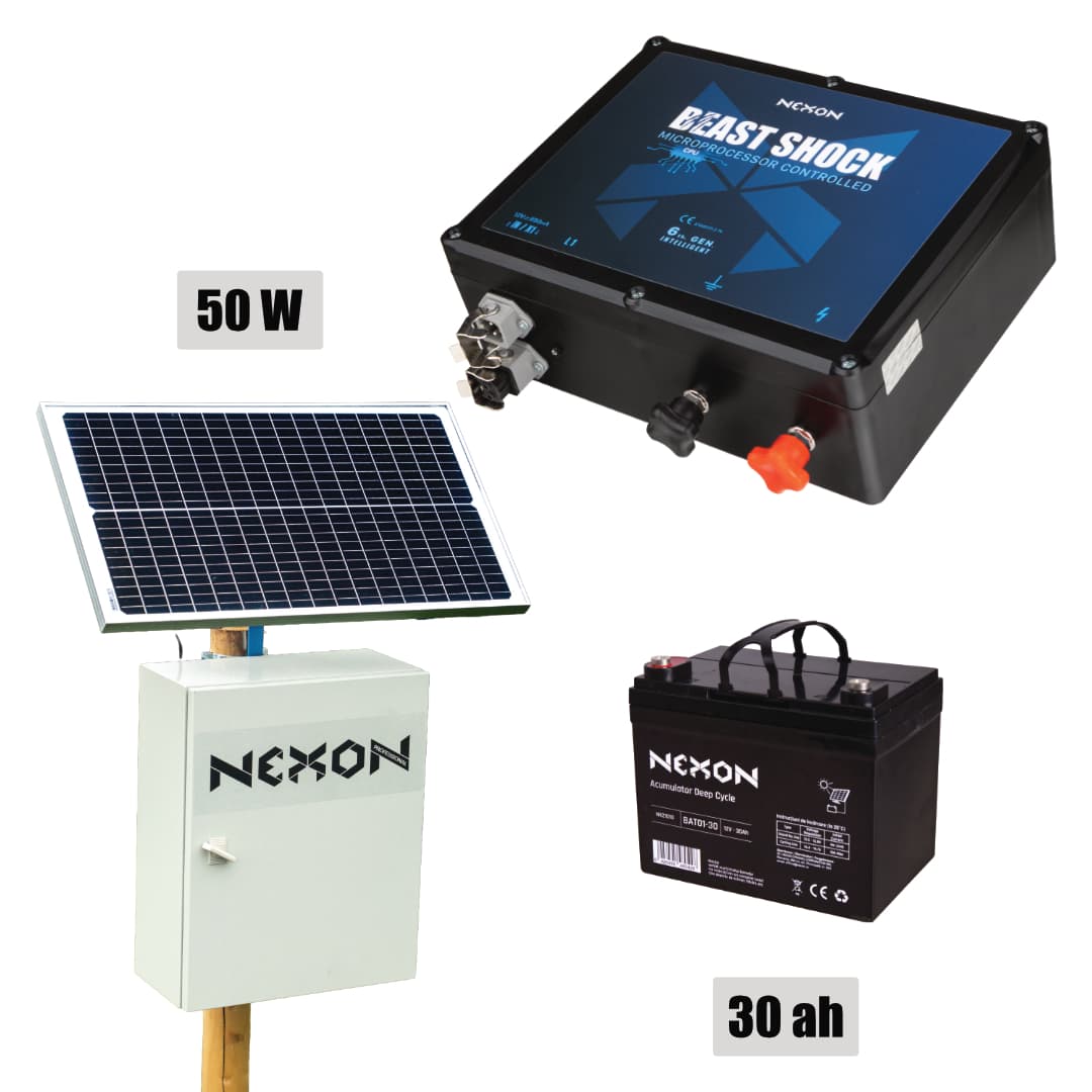 NEXON Villanypásztor Csomag BeastShock 6 J 12V, 50W-os Napelemmel és 30Ah Akkumulátorral Fém Dobozban – 7. kép