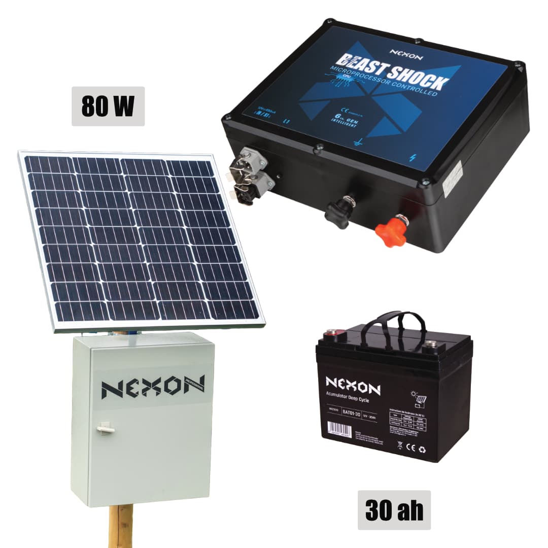 NEXON Villanypásztor Csomag BeastShock 7.5 J 12V 80W-os Napelemmel és 30Ah Akkumulátorral, Fém Dobozban
