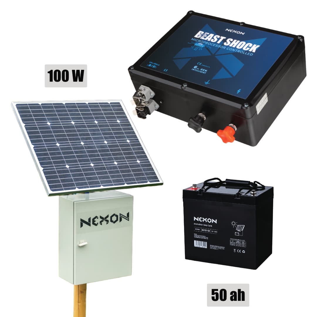 NEXON Villanypásztor csomag BeastShock 10 J 12V 100W-os napelemmel, 50Ah akkumulátorral és fém dobozzal
