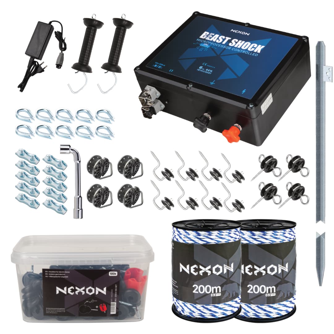 Villanypásztor csomag NEXON BeastShock 7.5J adapterrel, Kötél 400m, 6 fémszál, 600kg