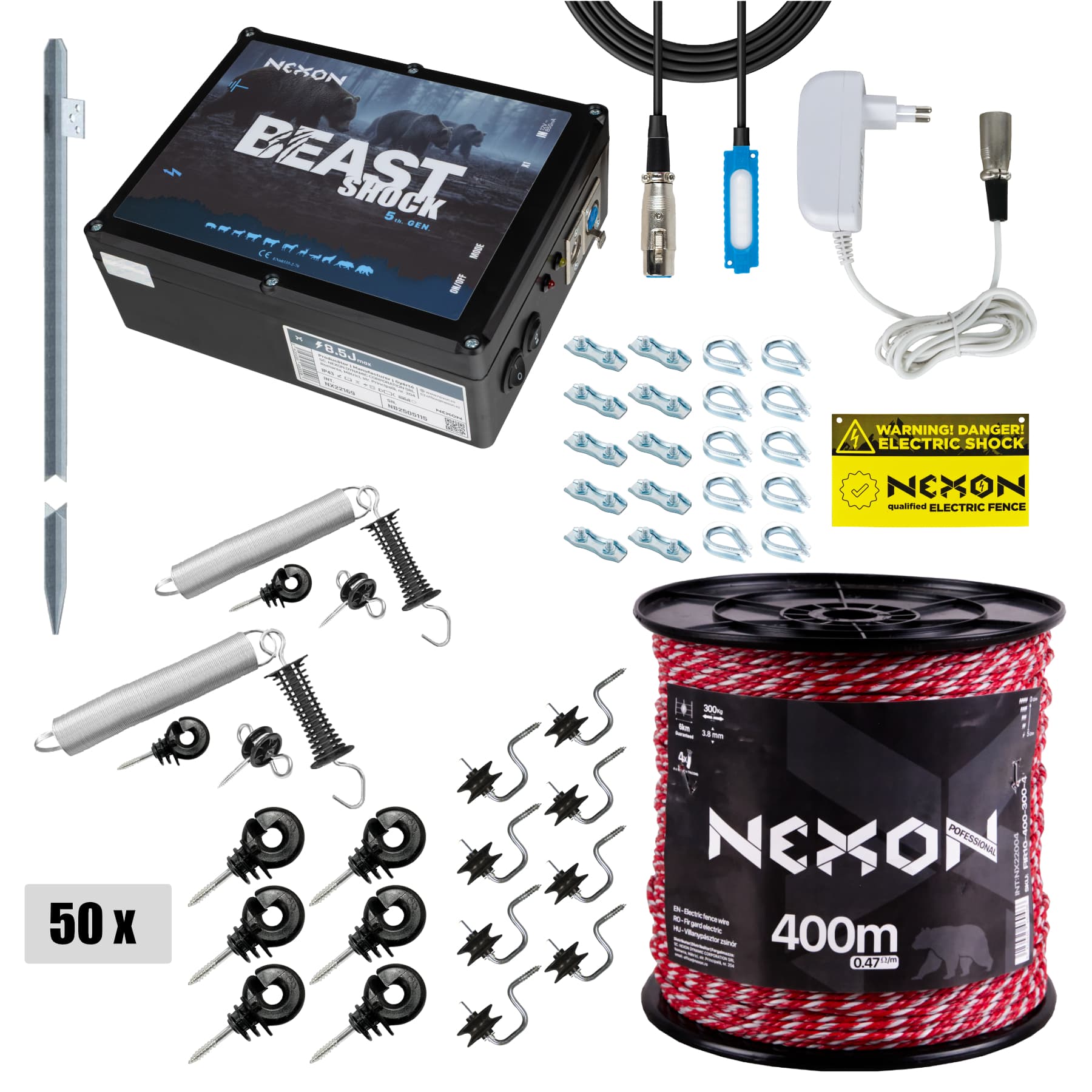 Villanypásztor csomag méhészeknek NEXON BeastShock 8.5J, Zsinór 400m, 4 szál, 300kg