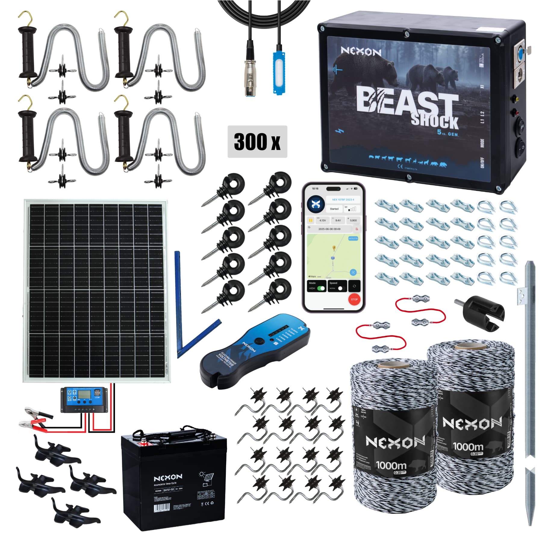 Villanypásztor csomag NEXON BeastShock 8.5J GPS, Napelemes és Akkumulátoros, Zsinór 2000m, 120kg