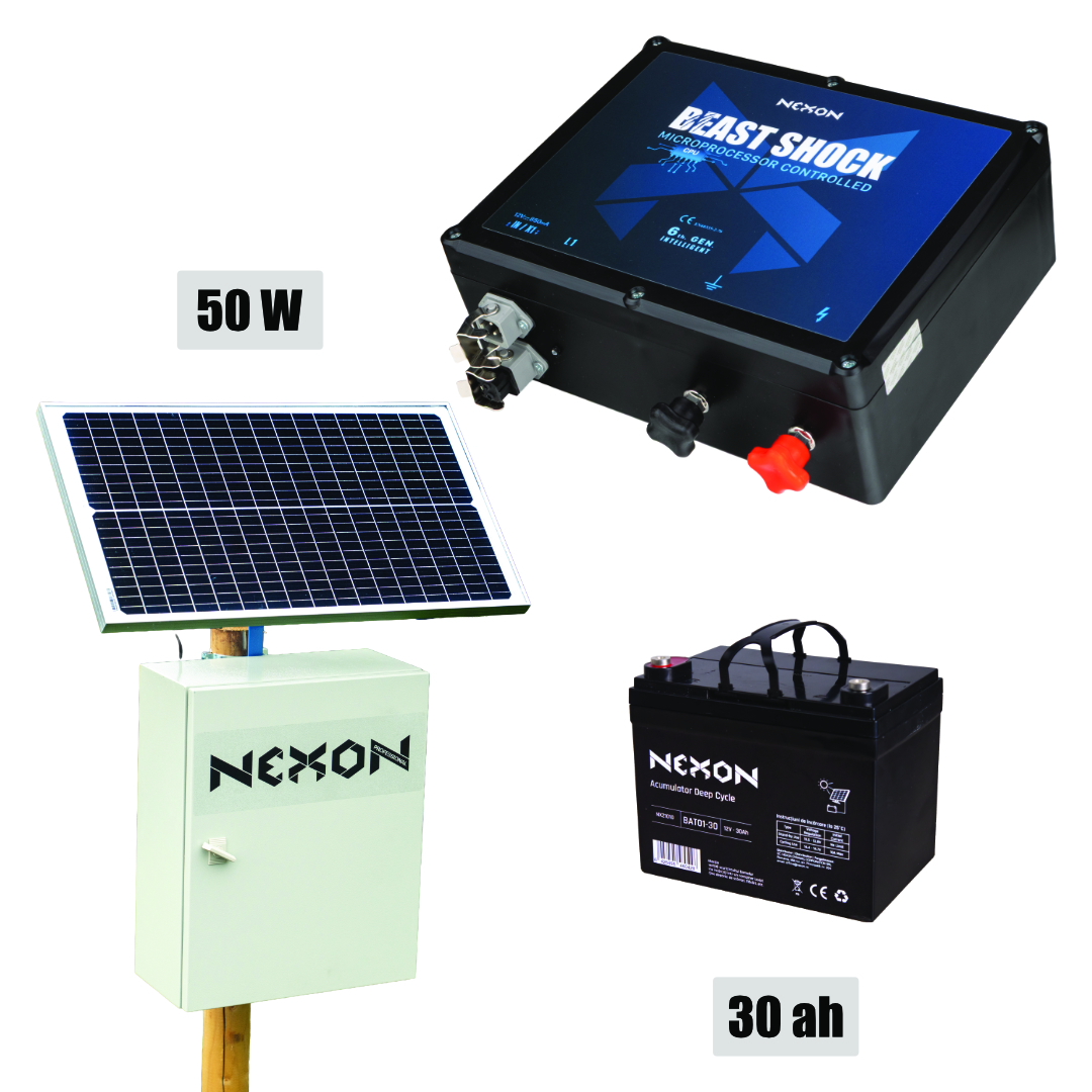 NEXON Villanypásztor Csomag BeastShock 6 J 12V, 50W-os Napelemmel és 30Ah Akkumulátorral Fém Dobozban
