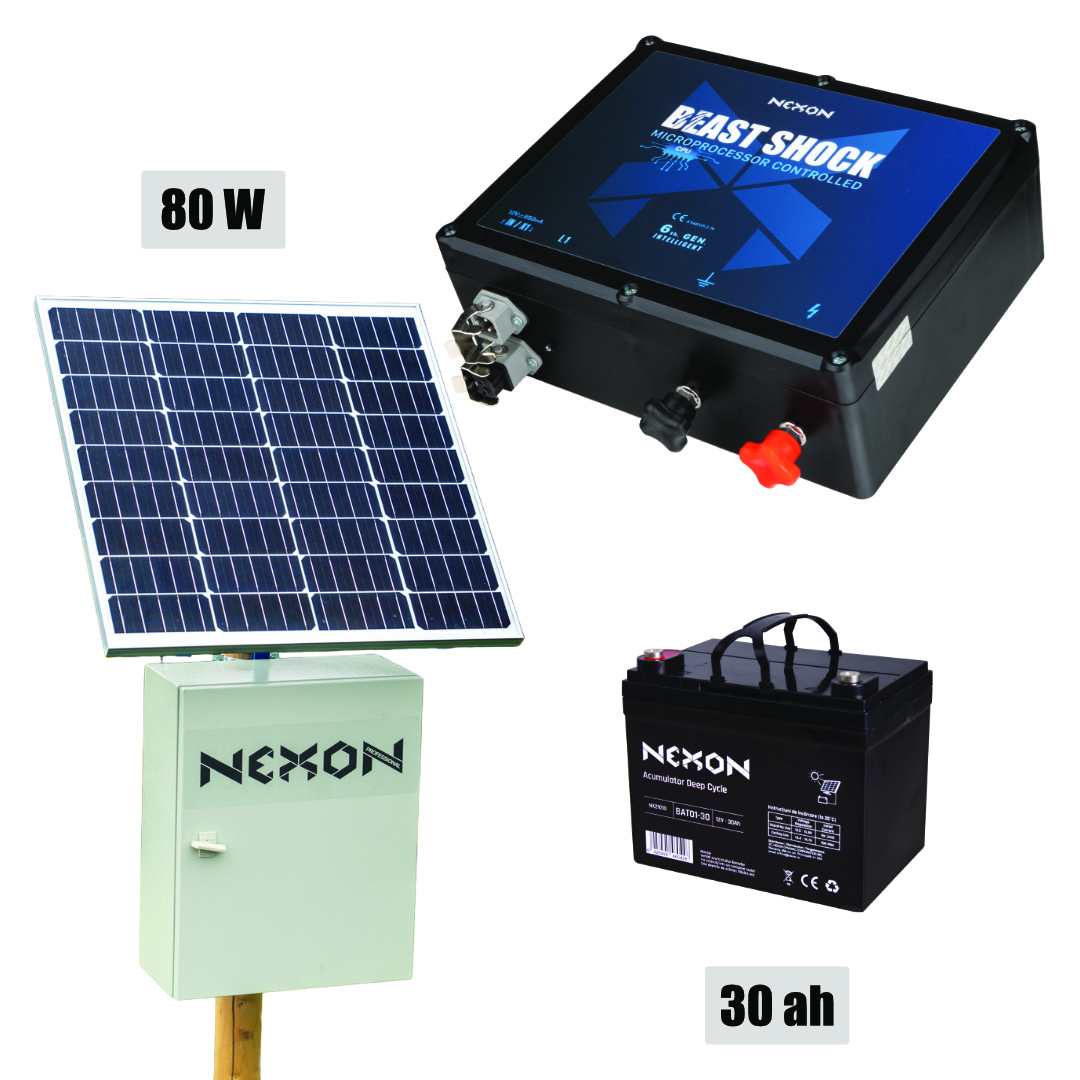 NEXON Villanypásztor Csomag BeastShock 7.5 J 12V 80W-os Napelemmel és 30Ah Akkumulátorral, Fém Dobozban