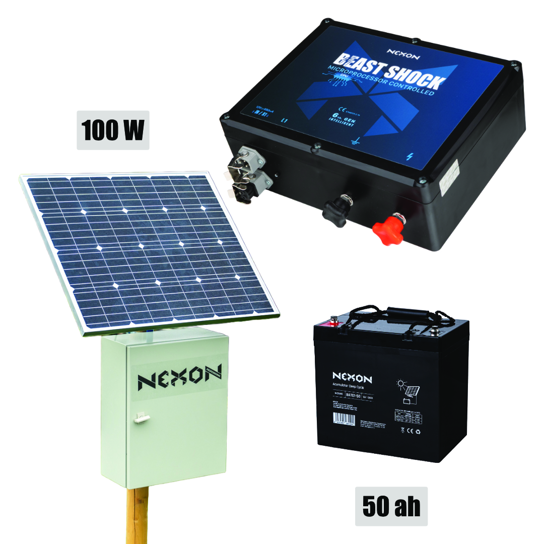 NEXON Villanypásztor csomag BeastShock 10 J 12V 100W-os napelemmel, 50Ah akkumulátorral és fém dobozzal
