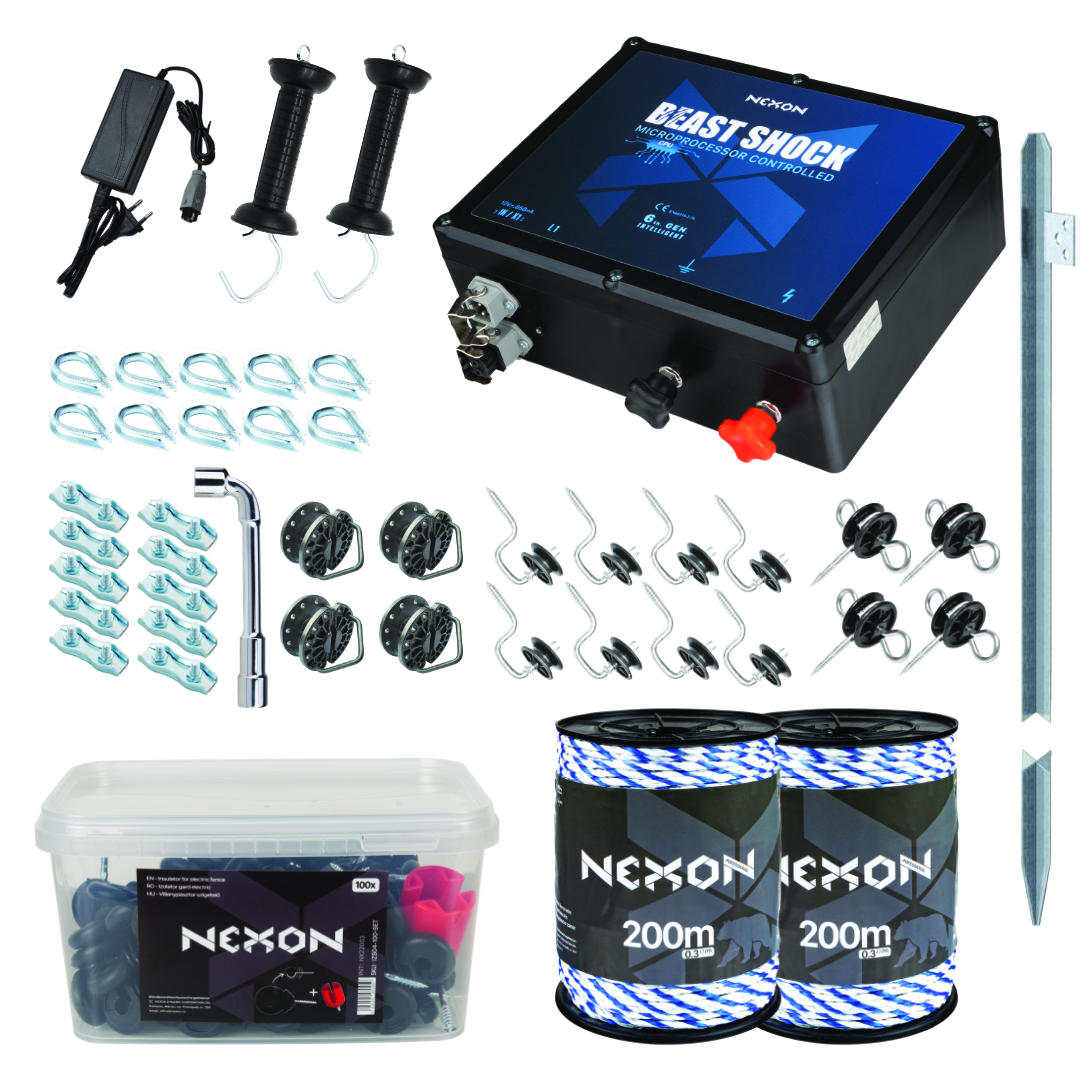 Villanypásztor csomag NEXON BeastShock 7.5J adapterrel, Kötél 400m, 6 fémszál, 600kg