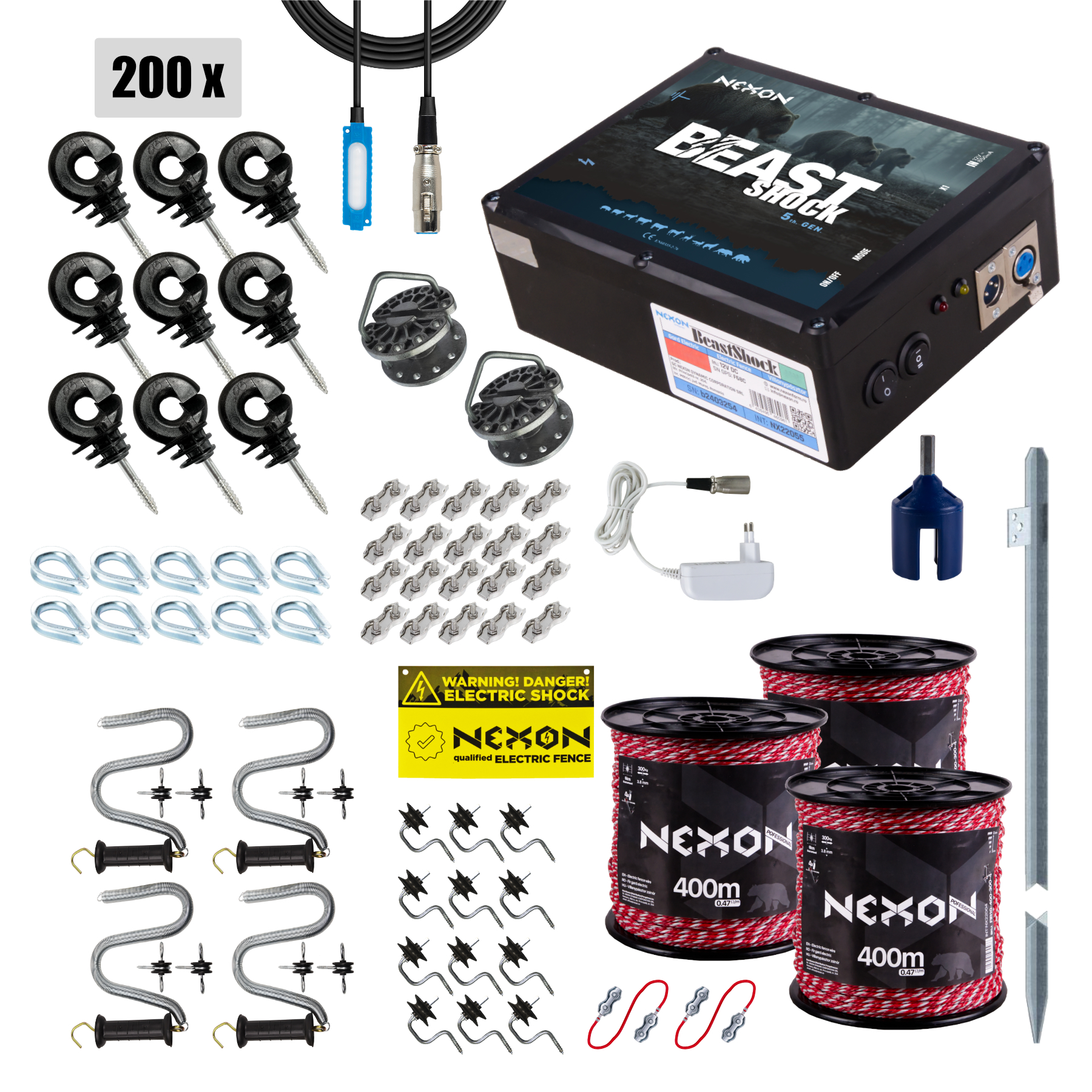 Villanypásztor csomag NEXON BeastShock 8.5J 12V/230V, Zsinór 1500 m, 5 fémszál, 180 kg