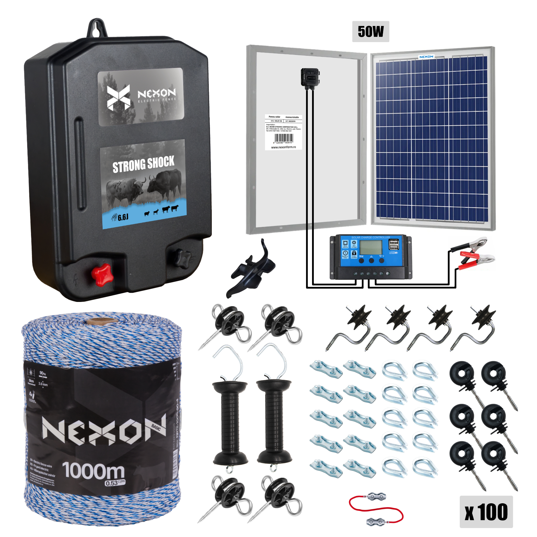 Villanypásztor csomag NEXON StrongShock 6.6J, Napelemes panellel, Zsinór 1000m, 90kg