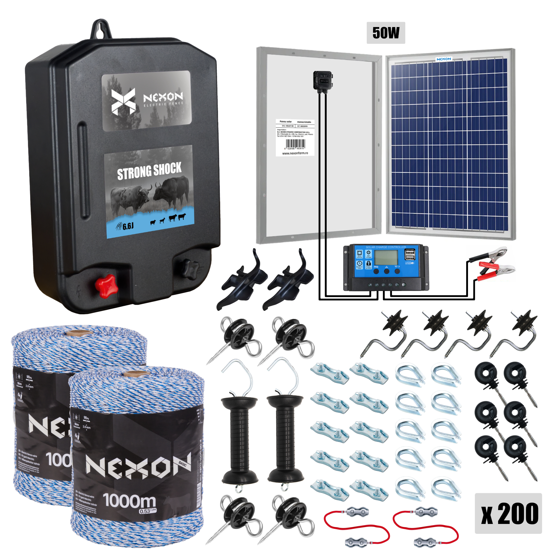 Villanypásztor csomag NEXON StrongShock 6.6J, Napelemes panellel, Zsinór 2000m, 90kg