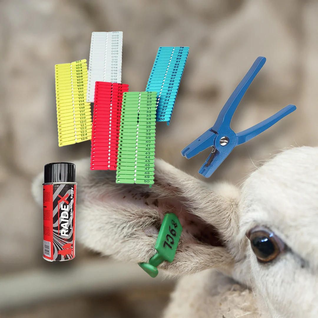 Füljelző készlet 1–200 juhokhoz, kecskékhez és sertésekhez fogóval és sprayvel