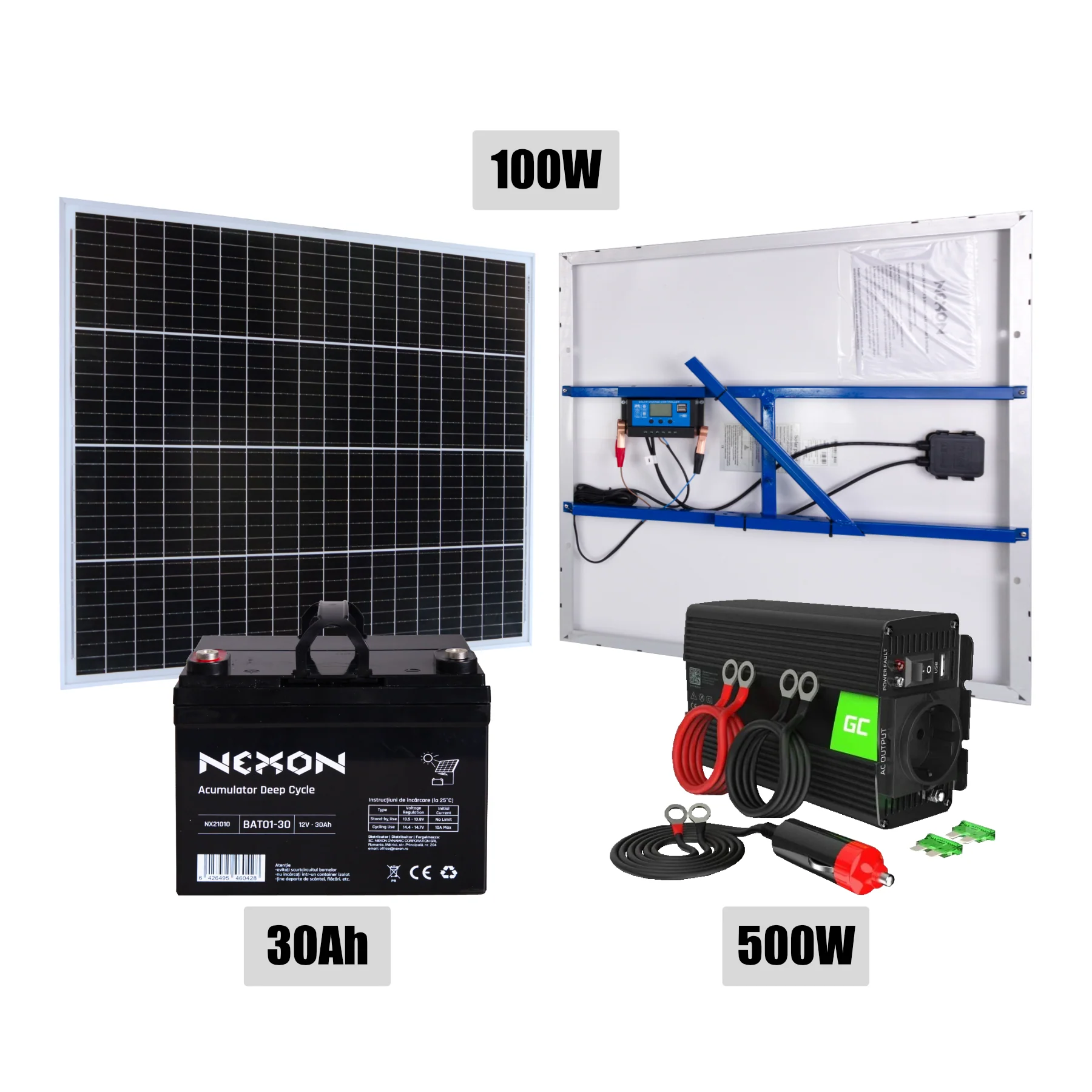 Napelemes tápegység 100W panellel, 30Ah akkumulátorral és 230V inverterrel – NEXON